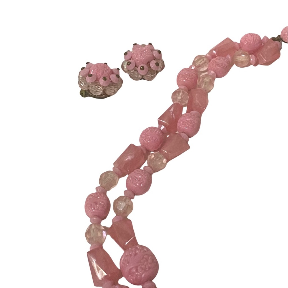Sold/ 1950’s Double Strand Pink Beaded Necklace & Earring Set, Made in Austria - Picture 2 of 5